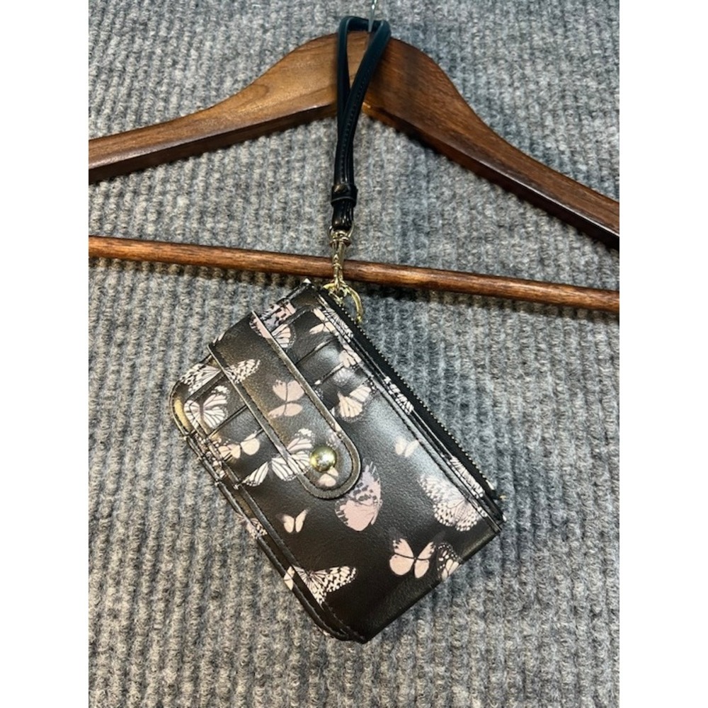 Black Butterfly Print Wristlet Wallet Card Holder Zip Pouch Gold Tone Hardware